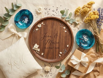 Plateau en bois gravé aux prénoms des mariés, coupes résine turquoise et coussin brodé monogramme – cadeau de mariage corse artisanal ANDEA