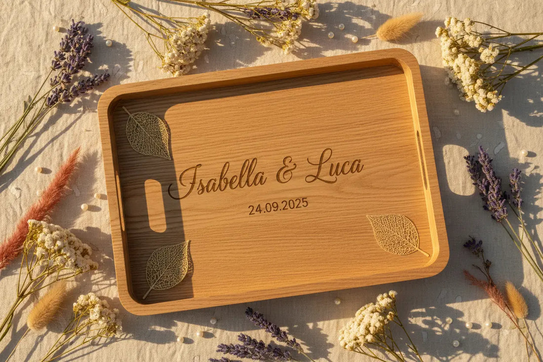 Plateau en bois gravé personnalisé pour mariage avec fleurs séchées corses – ANDEA Créations Corses