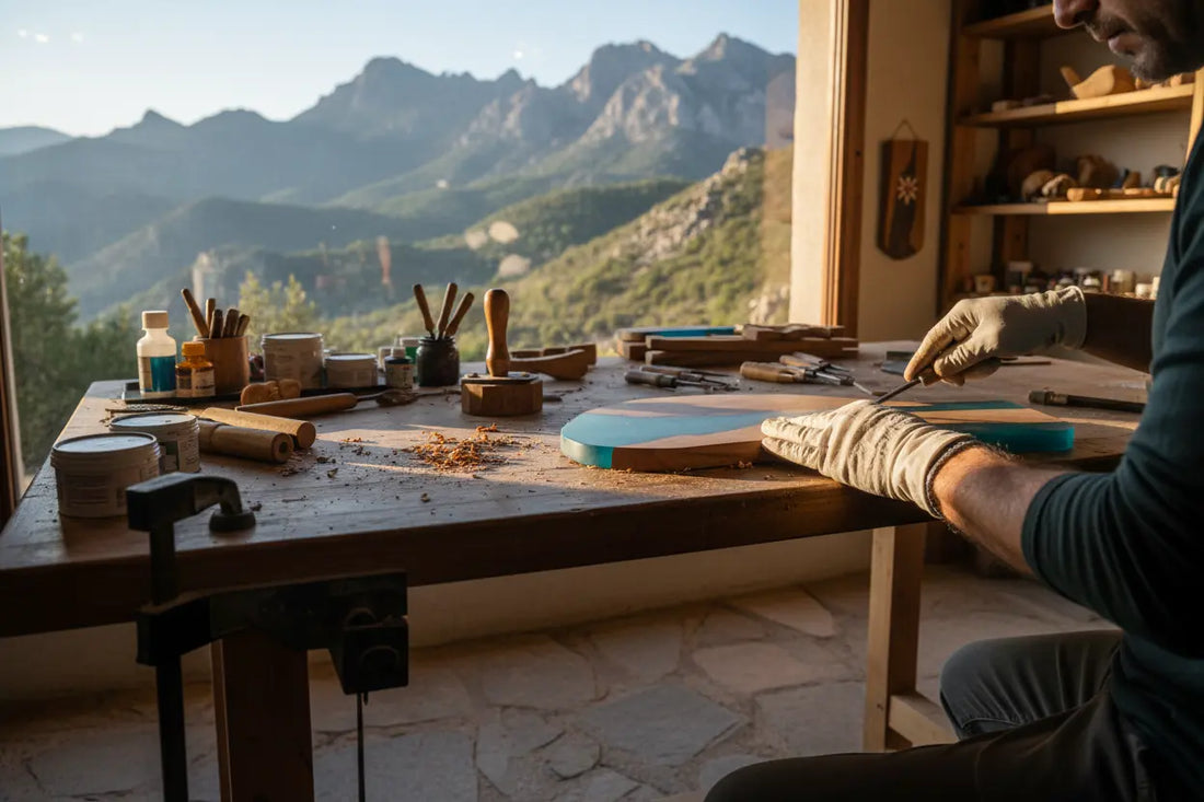 Artisan au travail dans l'atelier ANDEA en Corse, création d'une pièce en bois et résine – ANDEA Créations Corses