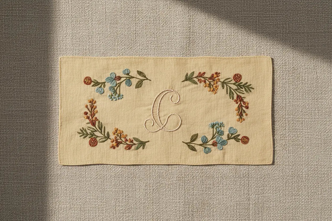 Broderie personnalisée monogramme sur lin naturel aux motifs corses – ANDEA Créations Corses