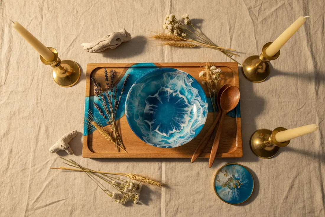 Décoration de table en bois et résine époxy bleue méditerranéenne – ANDEA Créations Corses