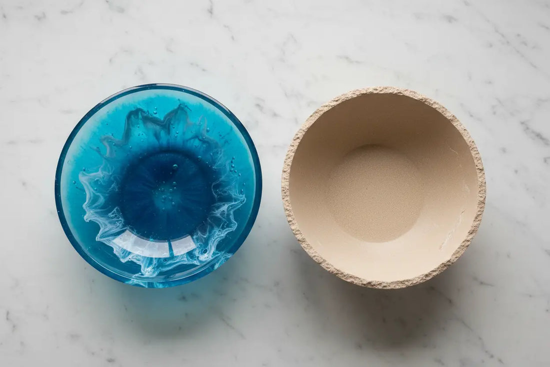 Coupe en résine époxy bleue et bol en jesmonite sable côte à côte – ANDEA Créations Corses
