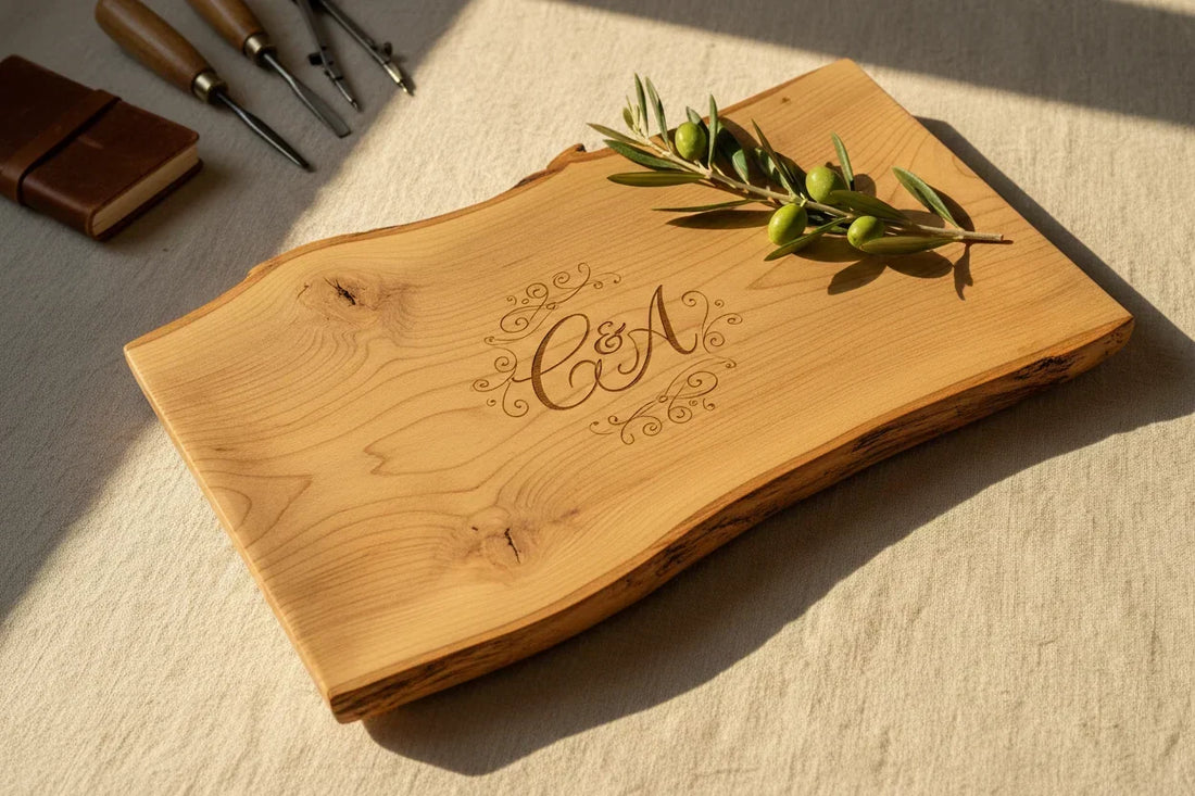Plateau en bois gravé personnalisé sur fond lin crème – création artisanale corse ANDEA