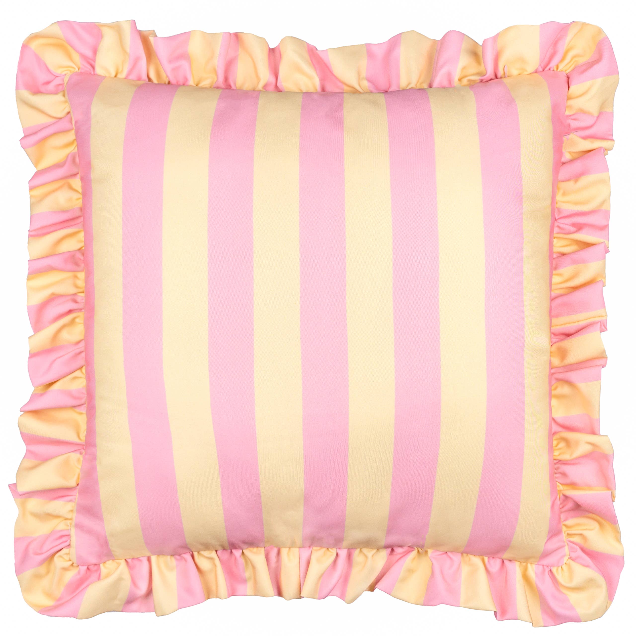Coussin d'extérieur à volants Palm Royale à rayures rose/jaune