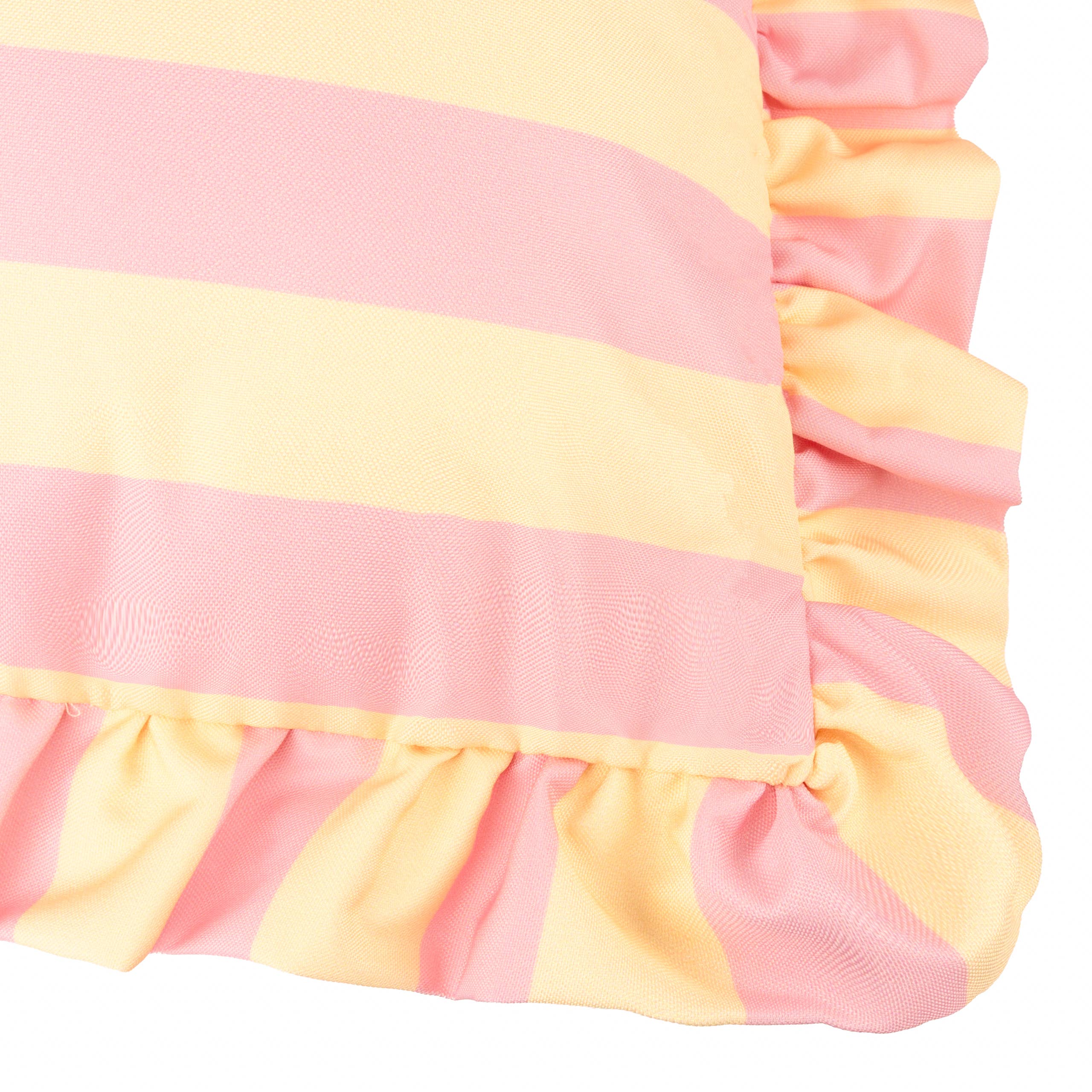 Coussin d'extérieur à volants Palm Royale à rayures rose/jaune