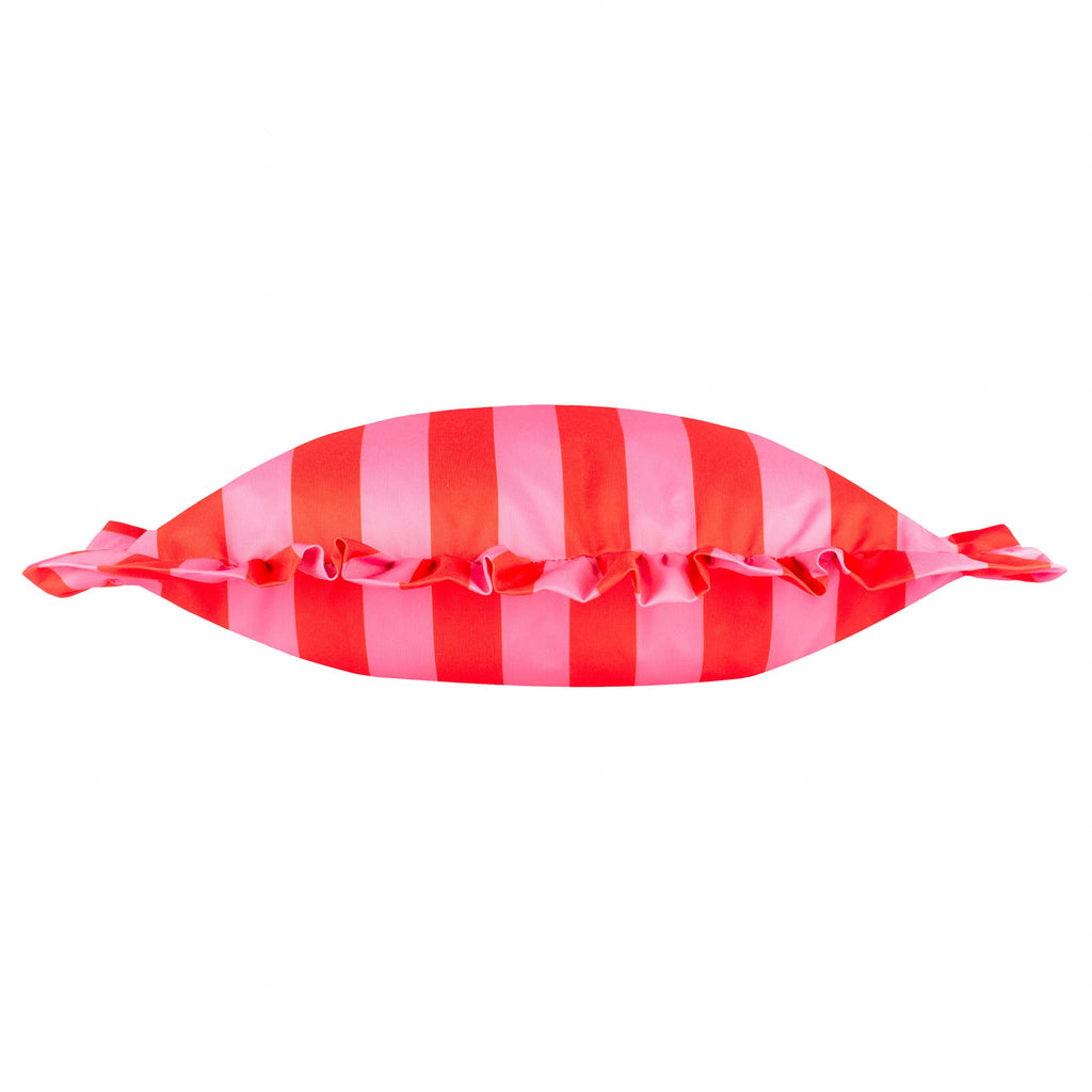 Coussin d'extérieur imprimé à volants Palm Royale Stripe Rose/Rouge