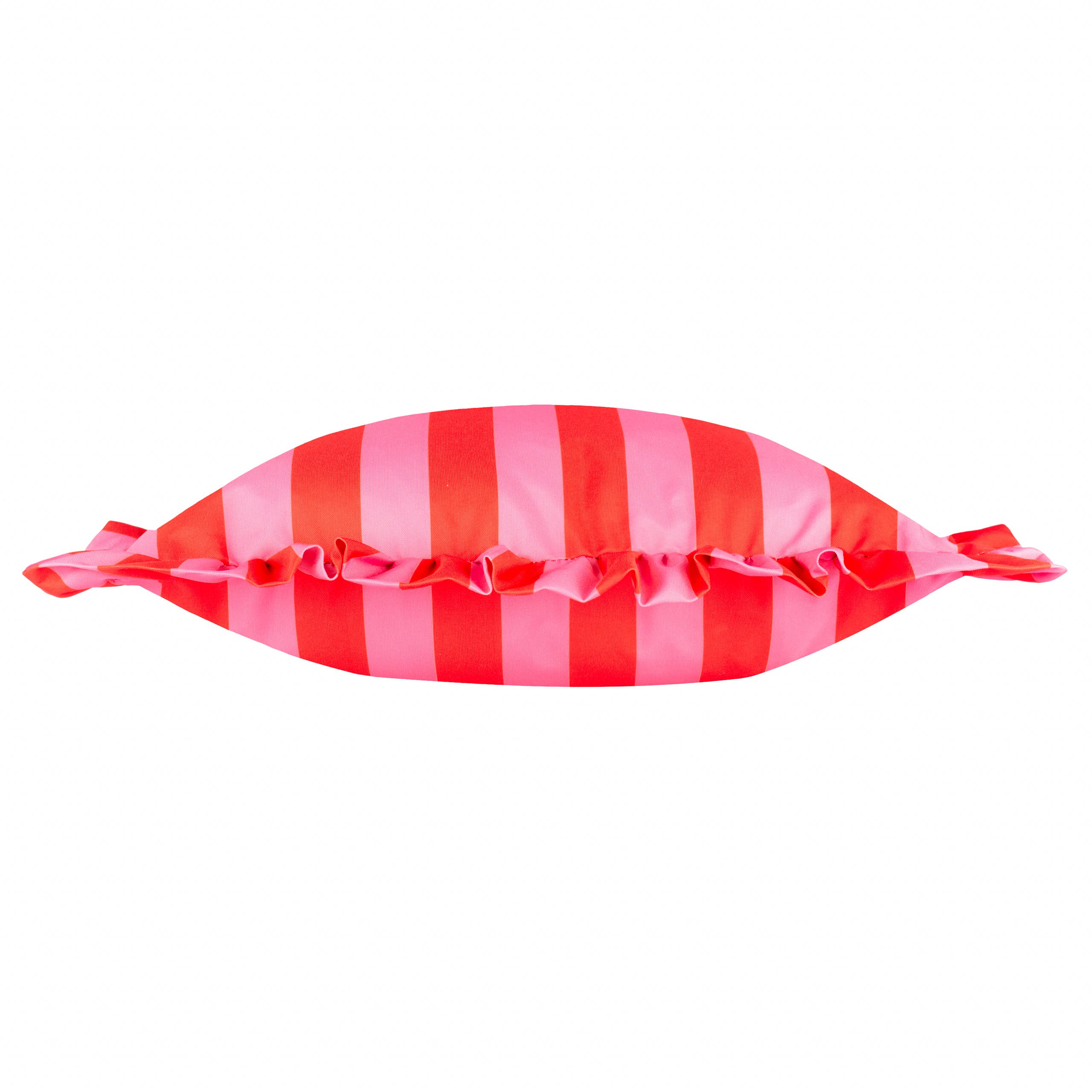Coussin d'extérieur imprimé à volants Palm Royale Stripe Rose/Rouge