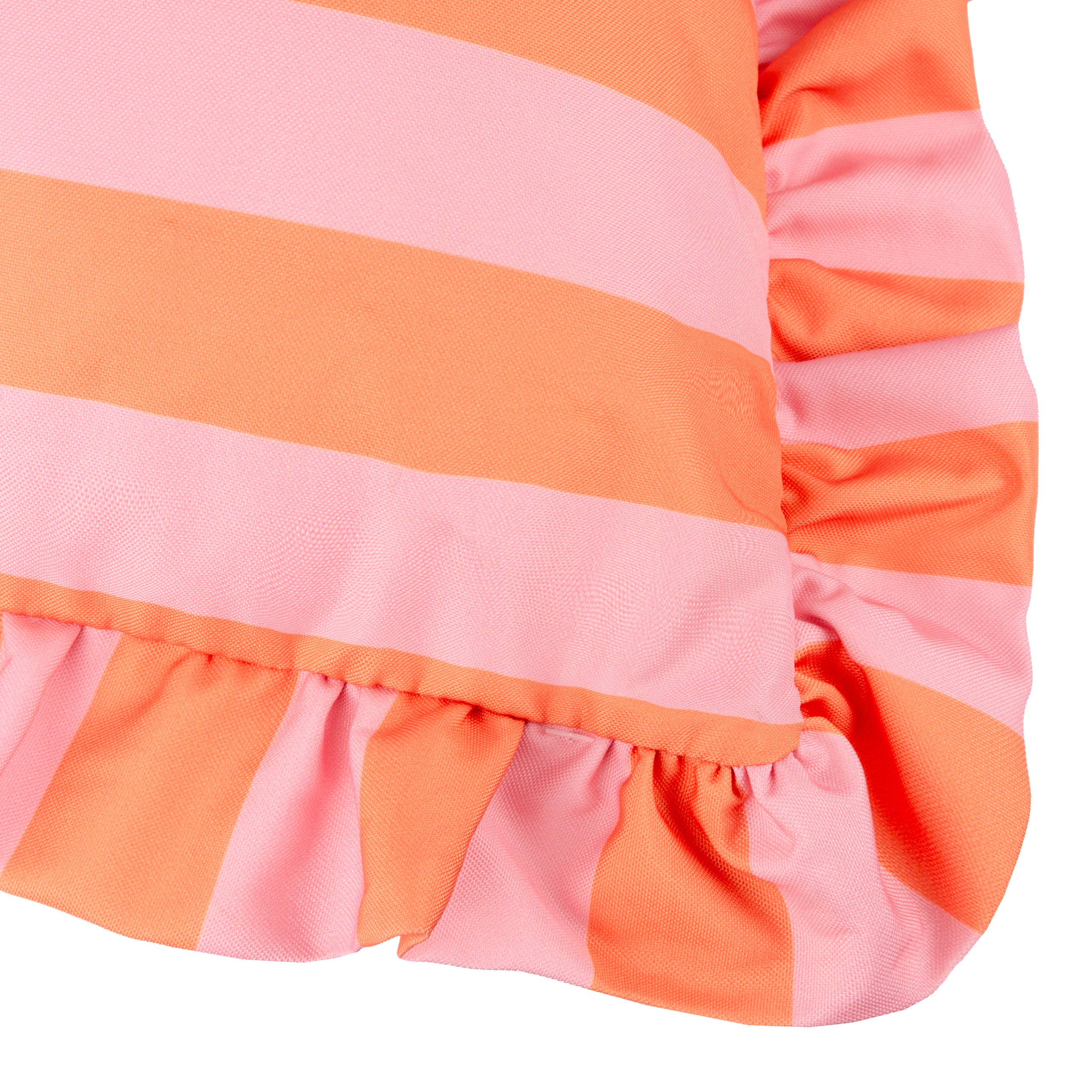 Coussin d'extérieur à volants Palm Royale Stripe Rose/Orange