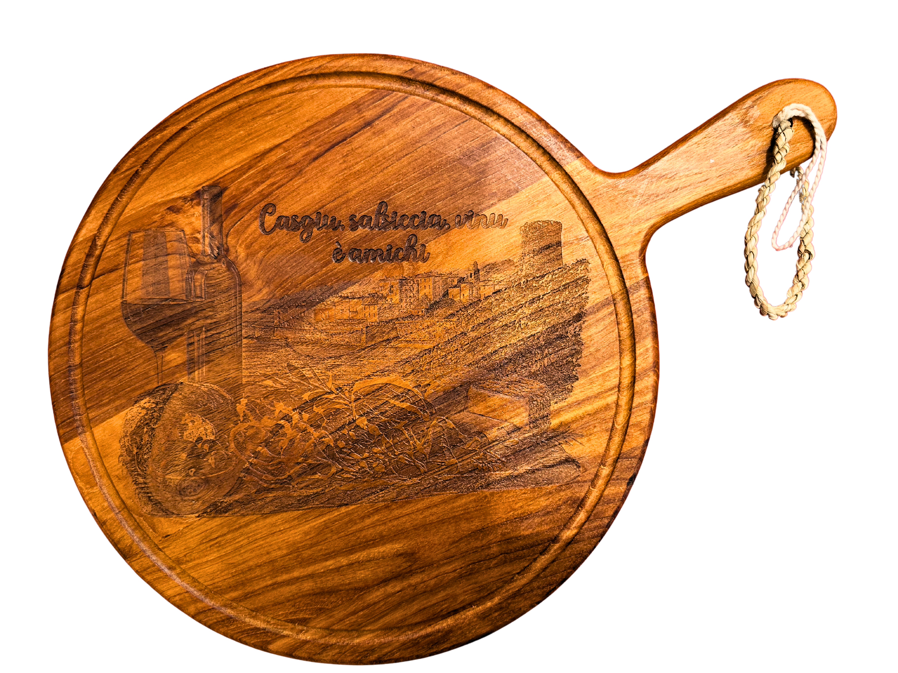 Planche apéritive en teck gravée personnalisée – Ø 32 cm