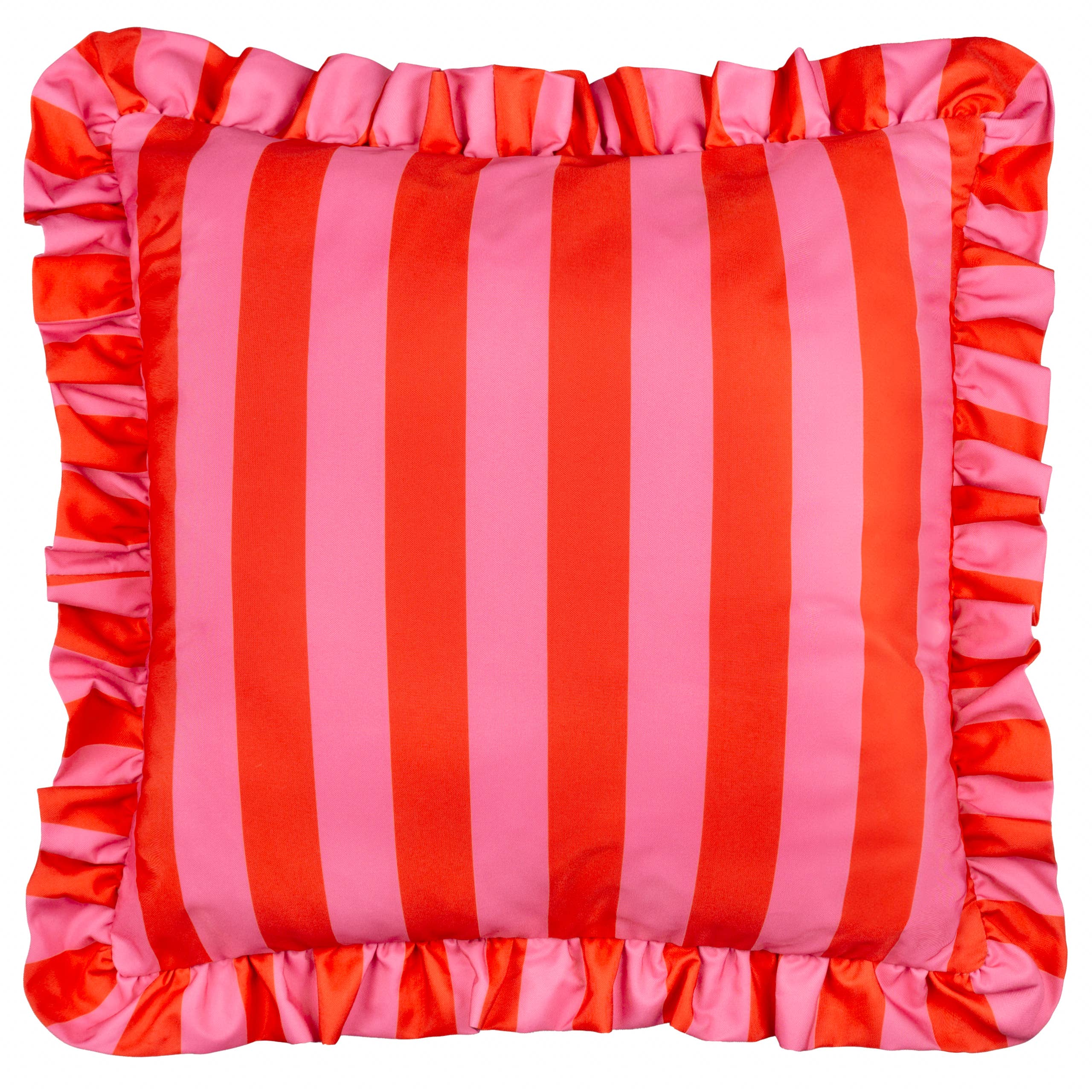 Coussin d'extérieur imprimé à volants Palm Royale Stripe Rose/Rouge