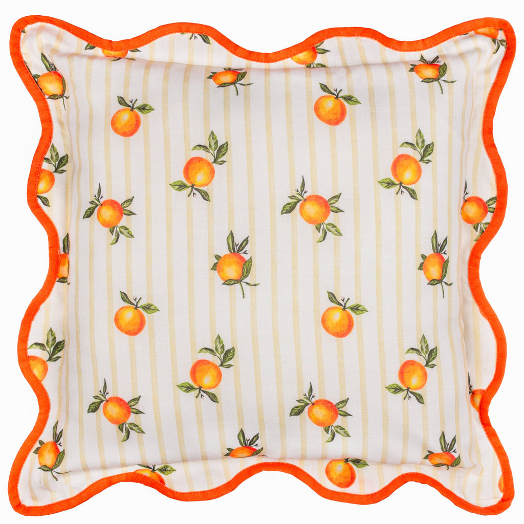 Coussin d'extérieur rayé jaune à motifs d'oranges
