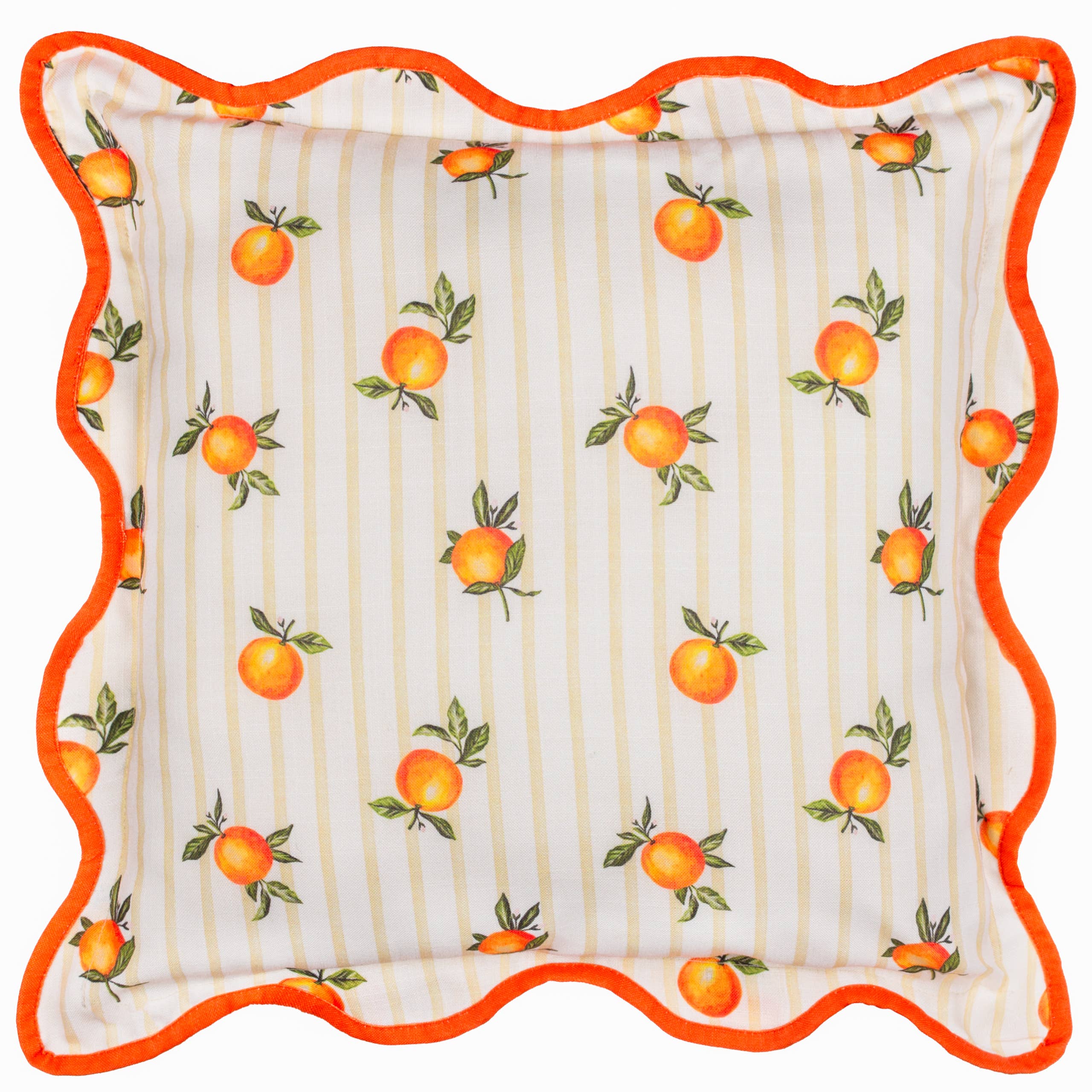 Coussin d'extérieur rayé jaune à motifs d'oranges